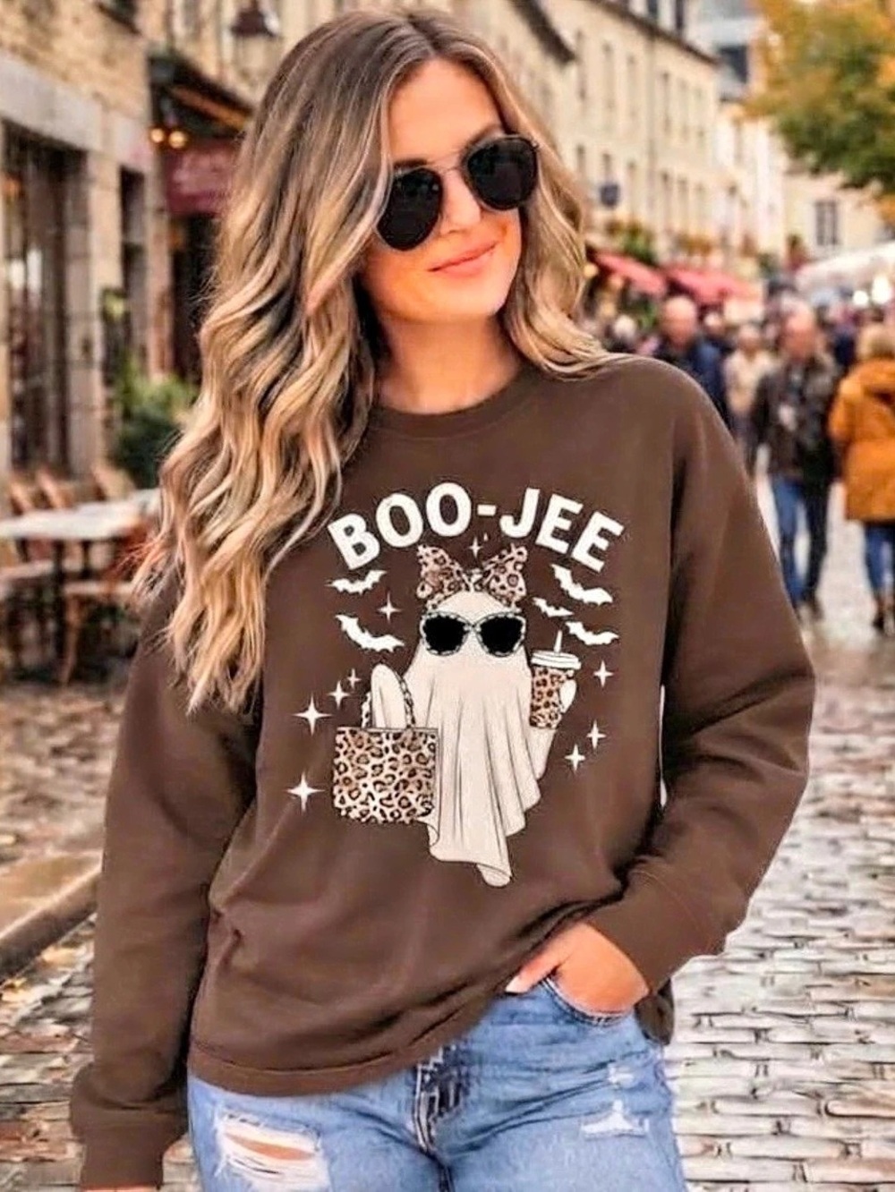 Boo Jee Ghost Halloween Brown Sweatshirt Unisex Leopard Bow Coffee Crewneck